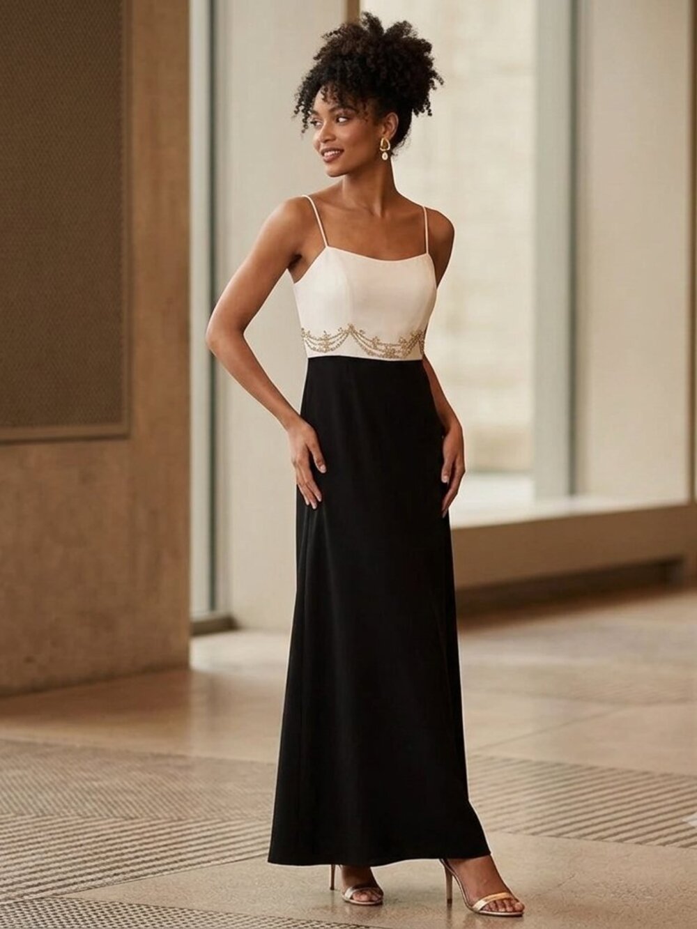 Badgley Mischka Formal Gown 10 Black White Beaded Silk Pearl High Low Maxi